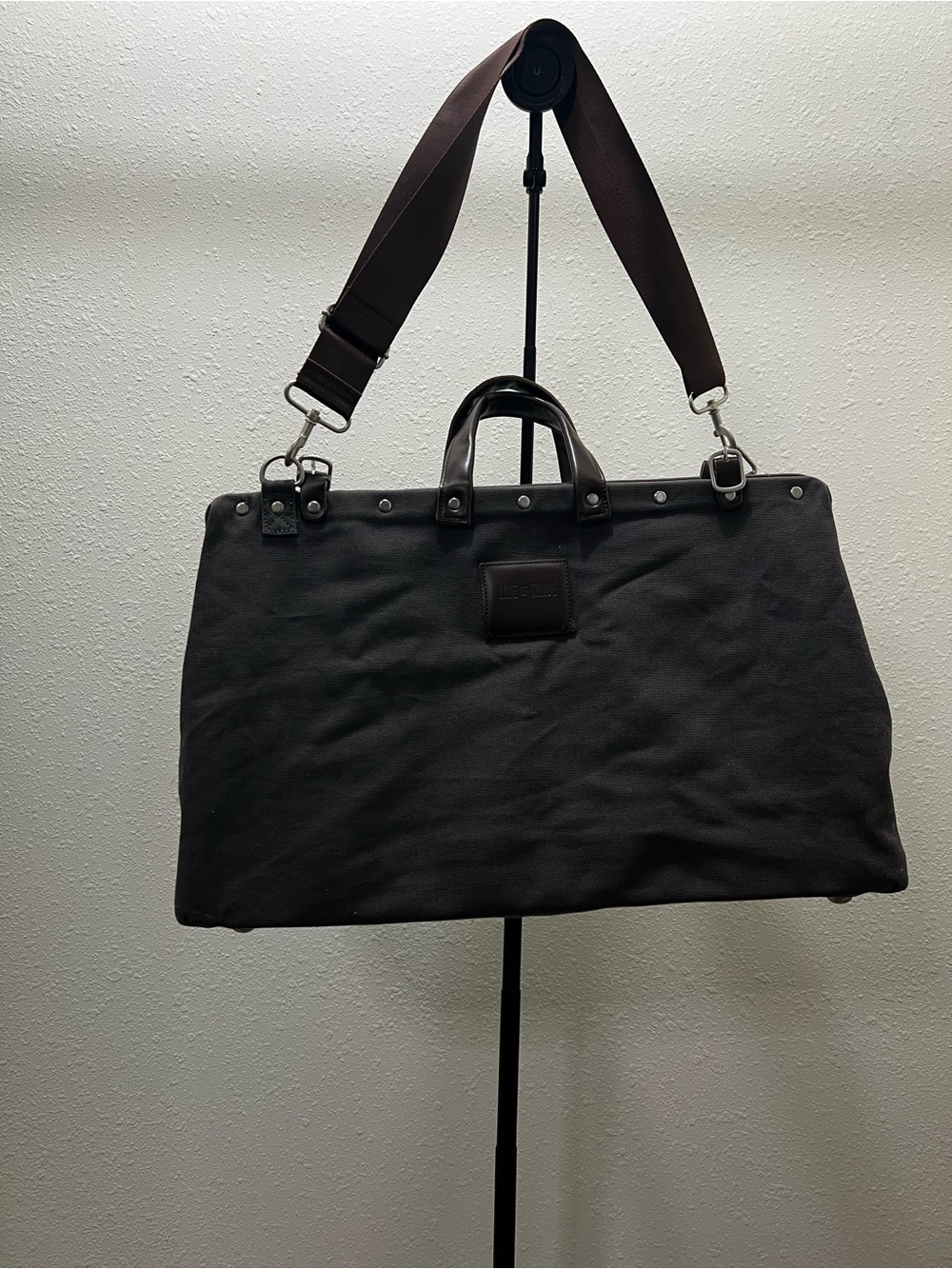 Gray Canvas Weekender Bag with Brown Strap